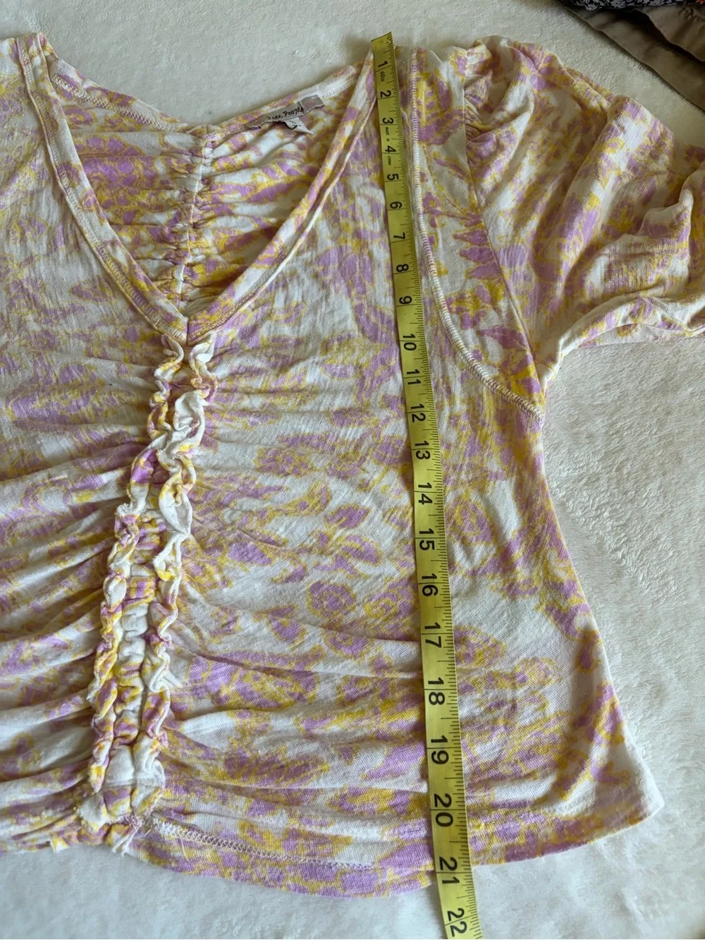 Free People Pink & Cream Floral Ruched V-Neck Top